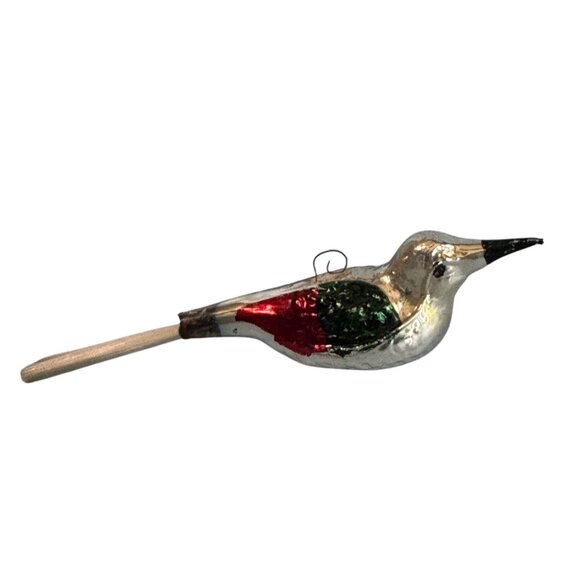 Vintage Blown Mercury Glass Bird Ornament Red Green Silver 4.5" w/tail Germany - Picture 7 of 7